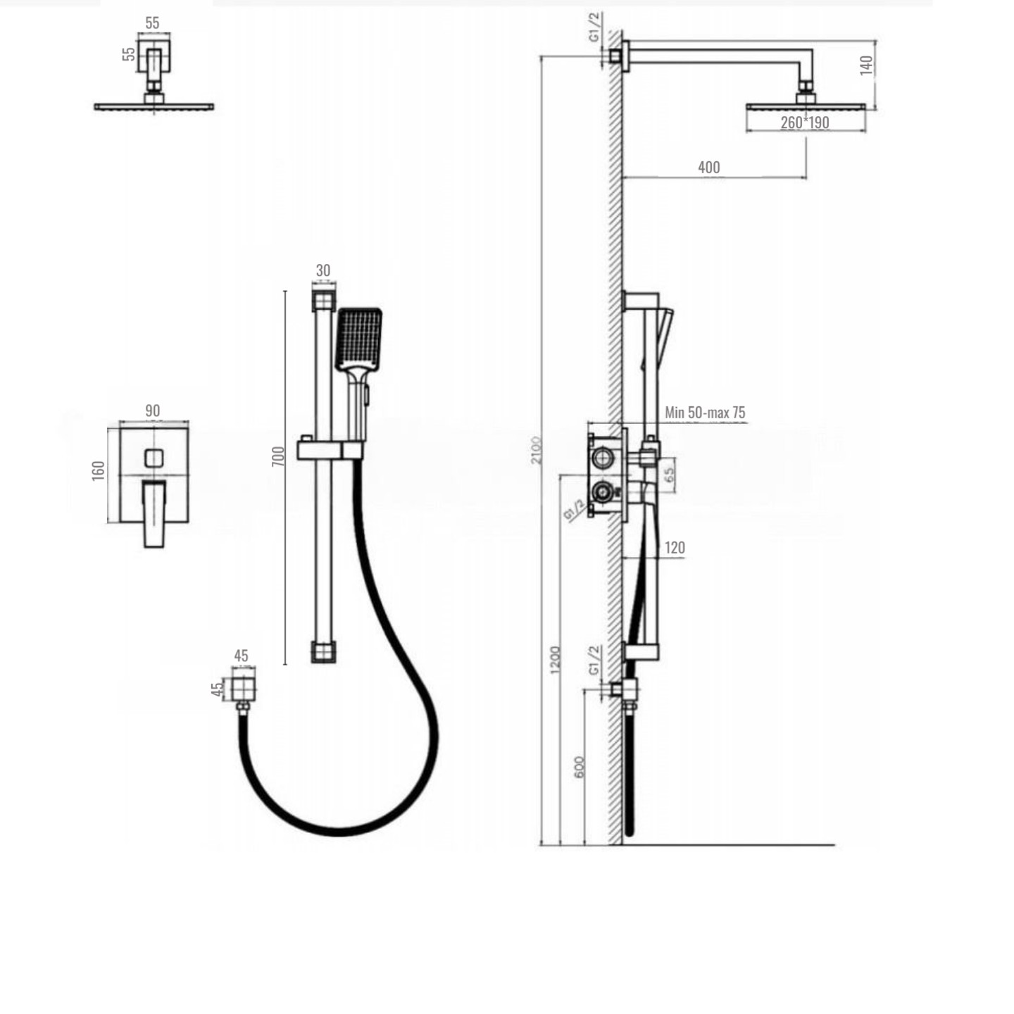 Дополнительное фото №1 Встраиваемая душевая система Chiezza Ribago, оружейная сталь