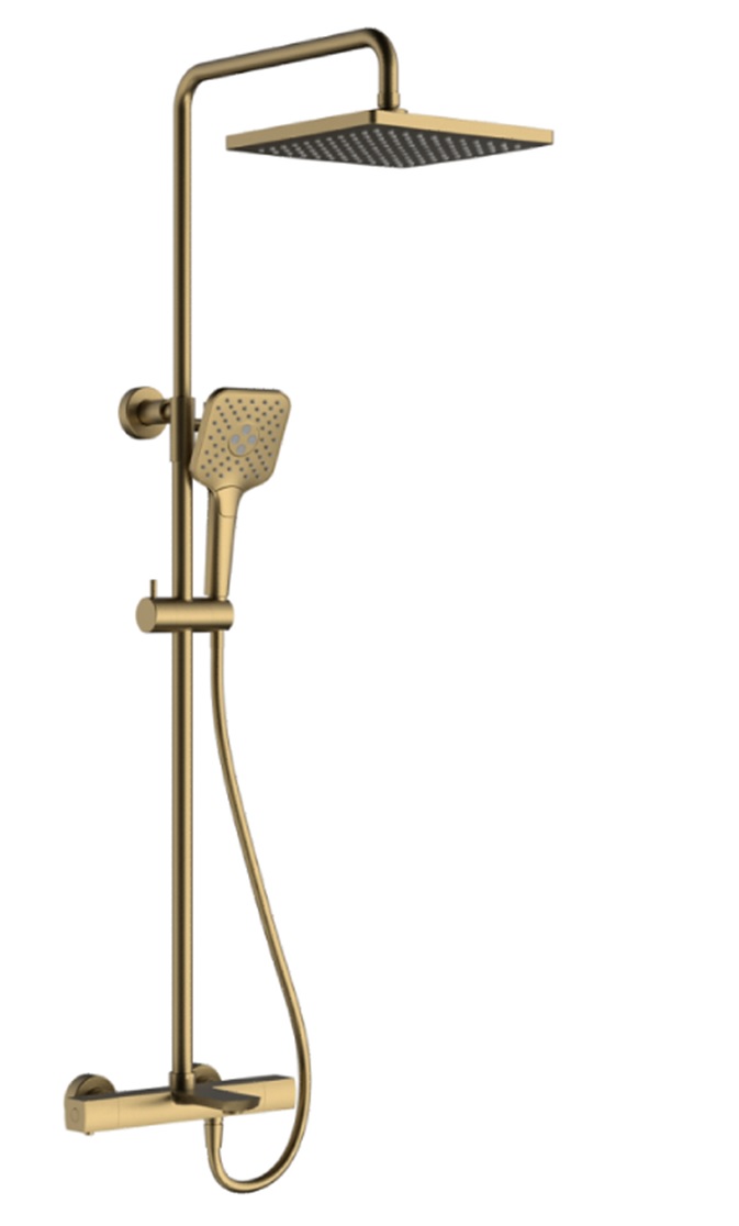 Фото Душевая система Chiezza Ribago с термостатом, лейка квадрат, матовое золото