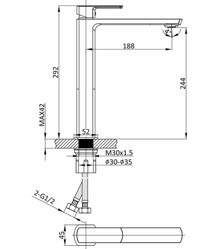 Дополнительное фото №1 Однорычажный смеситель для раковины CHIEZZA Ribago, матовое золото, высокий
